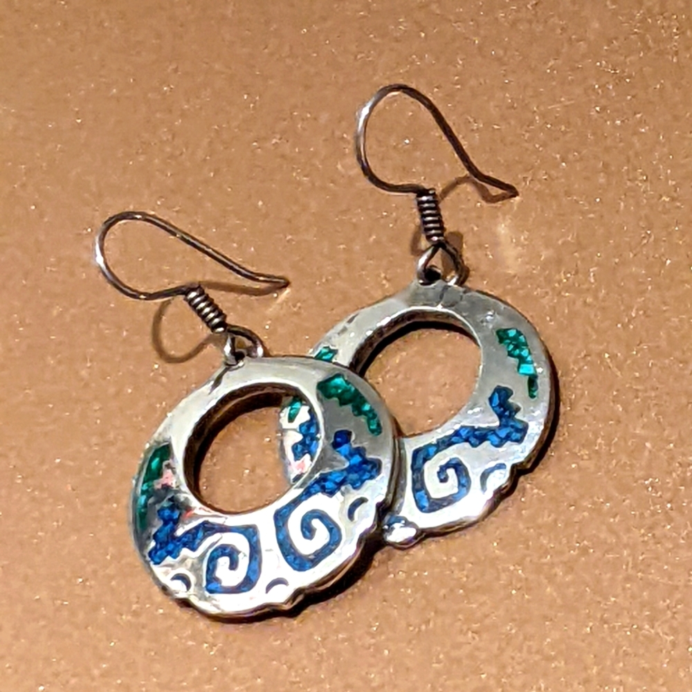 Mexican Silver and Opal Inlay Earrings